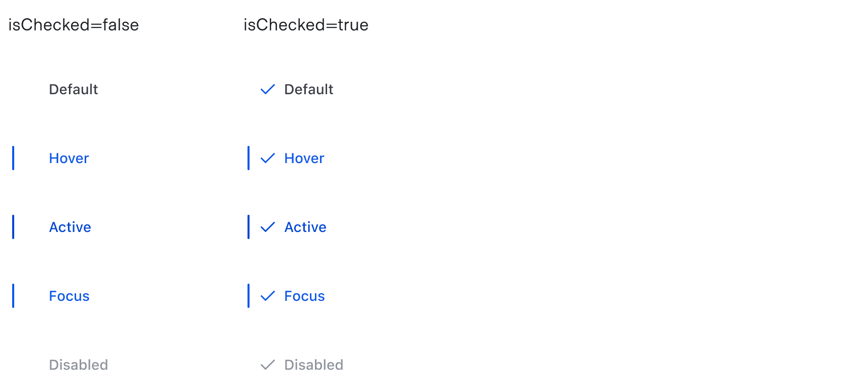 Showing the different states for the SuperSelect list item checkmark variant